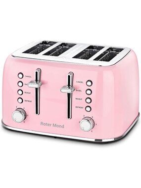 4 Slice Pink Retro Stainless Steel with Extra Wide Slots Bagel Defrost Toaster